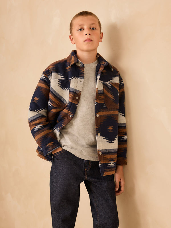 Tan/Navy Ikat Pattern Lined Shacket (3-16yrs)