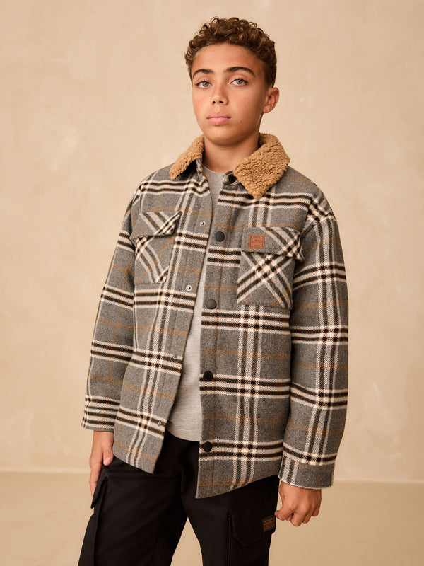Grey Check Borg Collar Lined Shacket (3-16yrs)