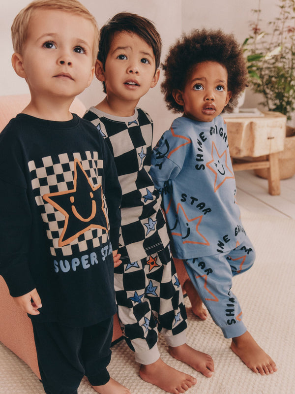 Multi Star and Checkerboard Oversized Pyjamas 3 Pack (9mths-10yrs)