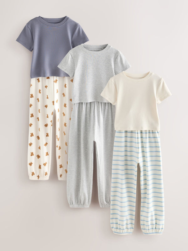 Blue/Neutral Stripe Bear Joggers Pyjamas Set 3 Pack (3-16yrs)