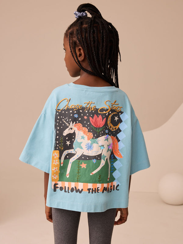 Teal Blue Sequin Boxy Unicorn Graphic Print T-Shirt (3-16yrs)