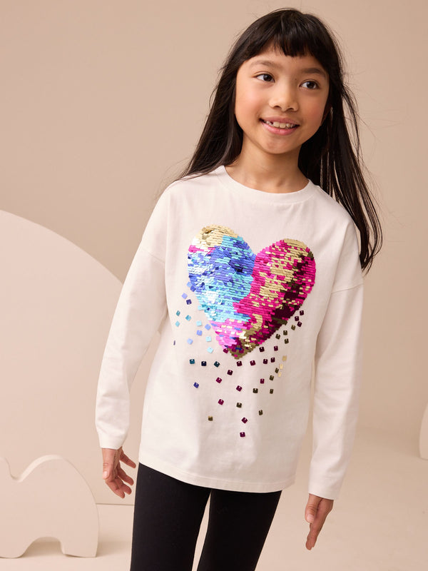White Heart Print Long Sleeve Sequin Top (3-16yrs)