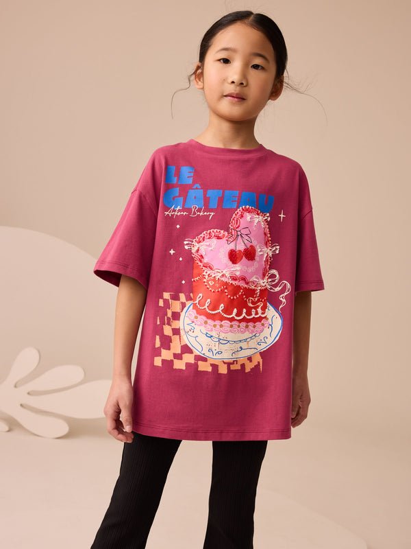 Burgundy Red Oversized Graphic Print T-Shirt (3-16yrs)