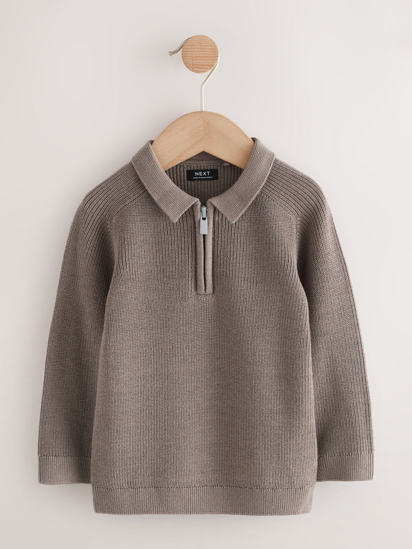 Mink Brown Long Sleeve Quarter Zip Knitted Polo Shirt (3mths-7yrs)