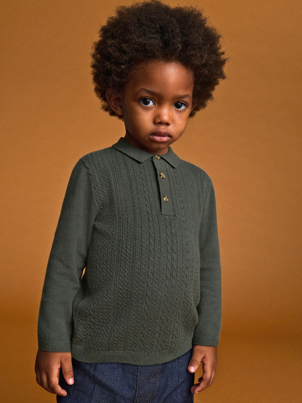 Dark Green Cable Knit Polo Shirt (3mths-7yrs)