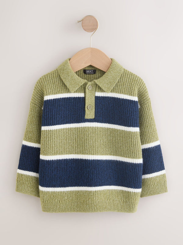 Green/Blue Knitted Stripe Rugby Polo Shirt (3mths-7yrs)