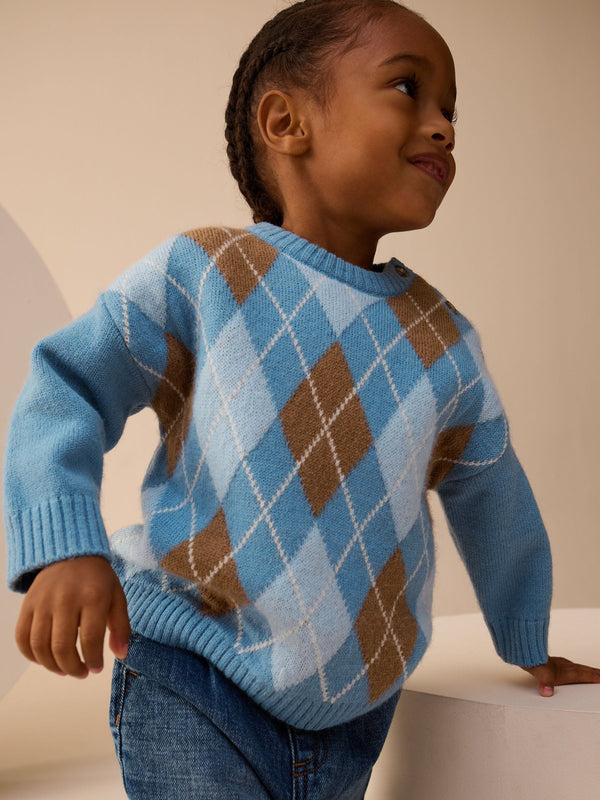 Blue Argyle Knitted Crew Neck Cotton Jumper (3mths-7yrs)