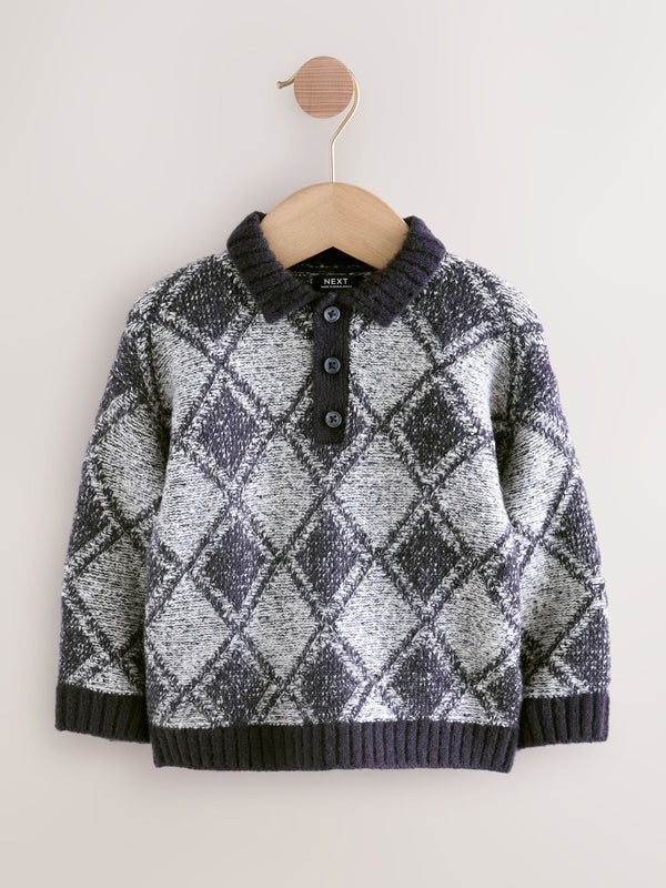 Navy Blue Argyle Knitted Polo Jumper (3mths-7yrs)