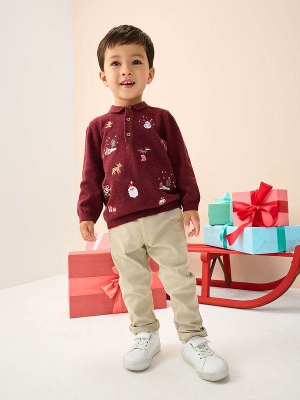 Plum Purple All Over Embroidered Knitted Christmas Polo Shirt (3mths-7yrs)