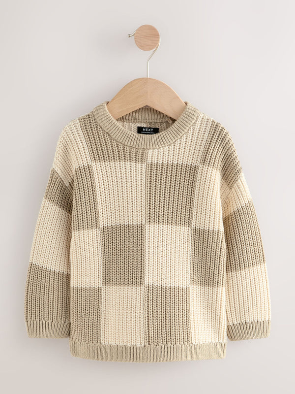 Neutral Checkerboard Knitted Crew Neck Jumper (3mths-7yrs)