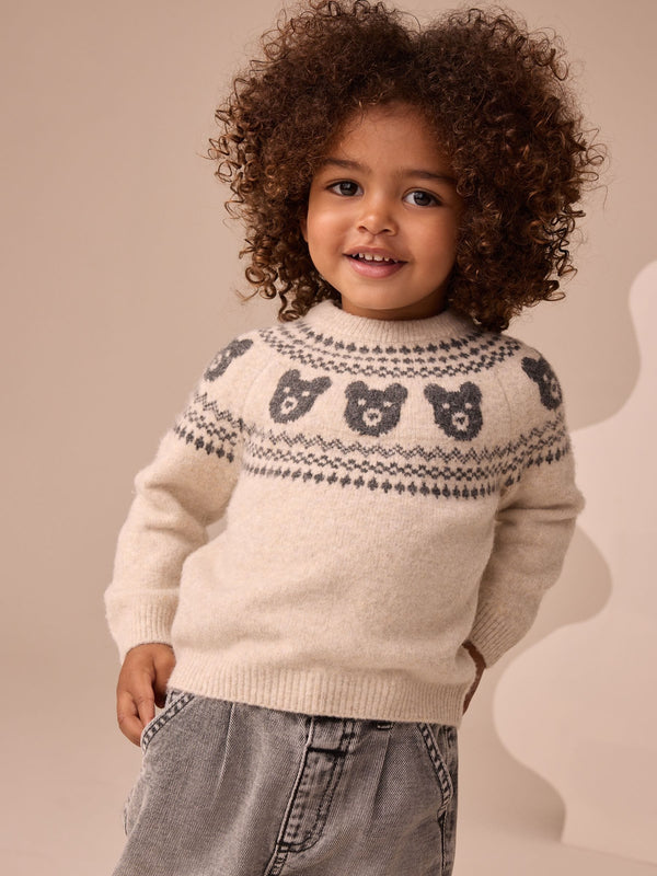 Neutral Bear Fairisle Pattern Knitted Crew Neck Jumper (3mths-7yrs)