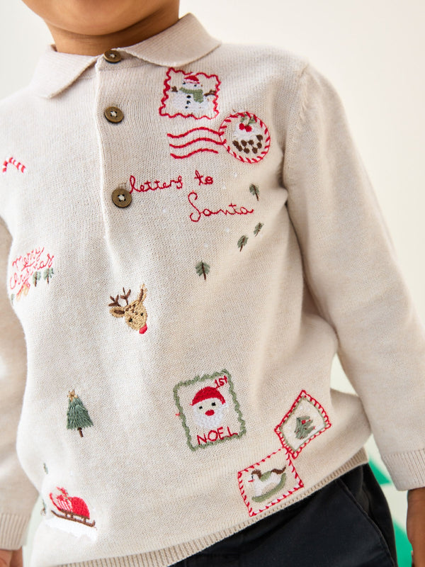 Cream All Over Embroidered Knitted Christmas Polo Shirt (3mths-7yrs)