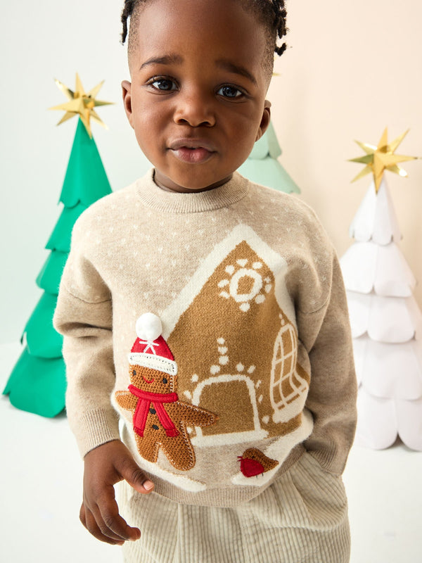Neutral Gingerbread House Knitted Christmas Jumper (3mths-7yrs)