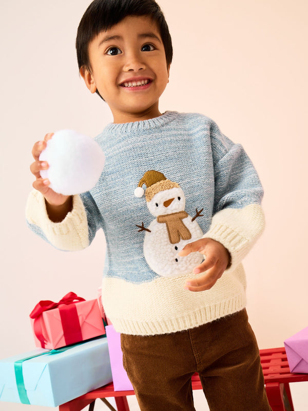 Blue/Ecru Snowman Knitted Christmas Jumper (3mths-7yrs)