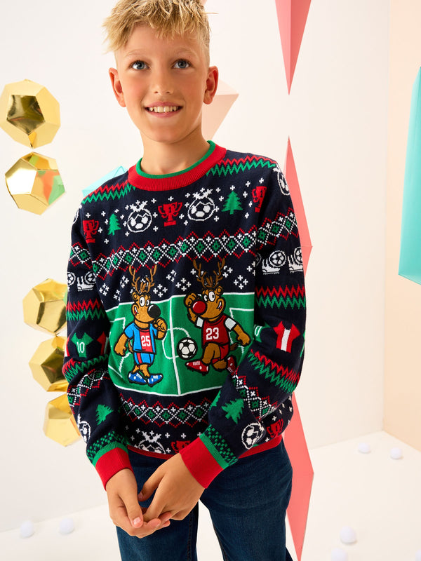 Multi Reindeer Football Christmas Jumper (3-16yrs)