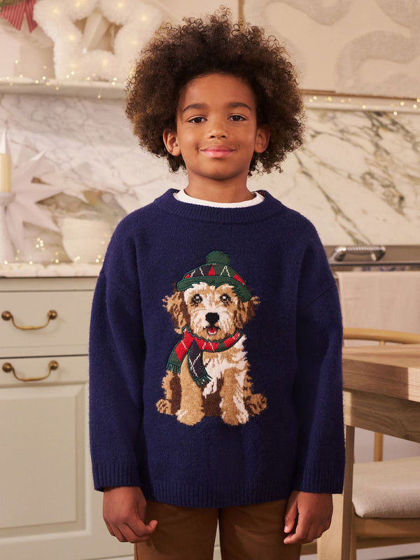 Navy Blue Dog Graphic Matching Family Christmas Jumper (3-16yrs)