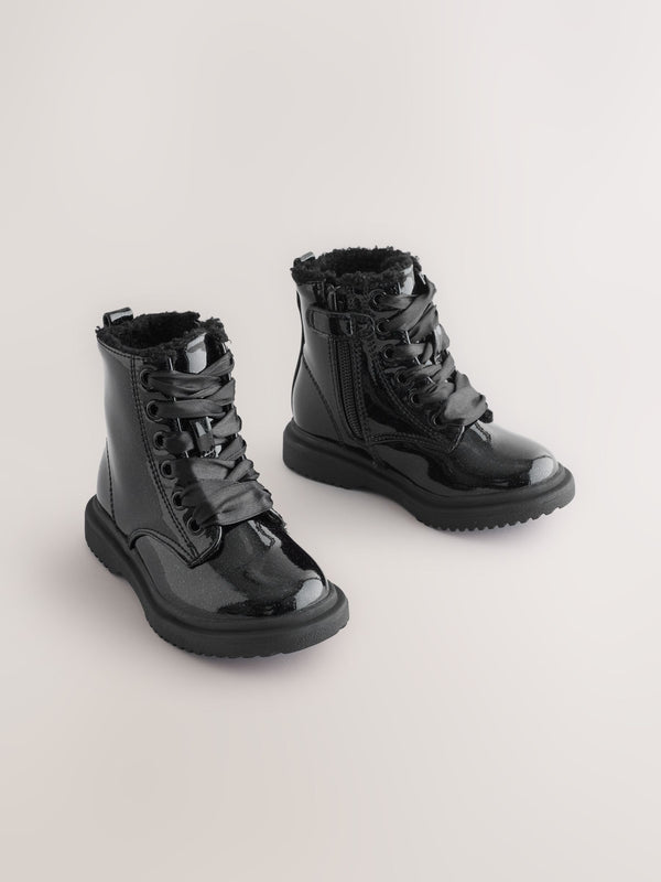 Black Patent Sparkle Wide Fit (G) Lace-Up Ankle Boots