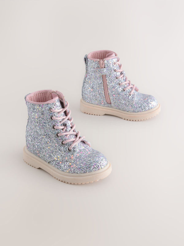 Silver Glitter Wide Fit (G) Lace-Up Ankle Boots
