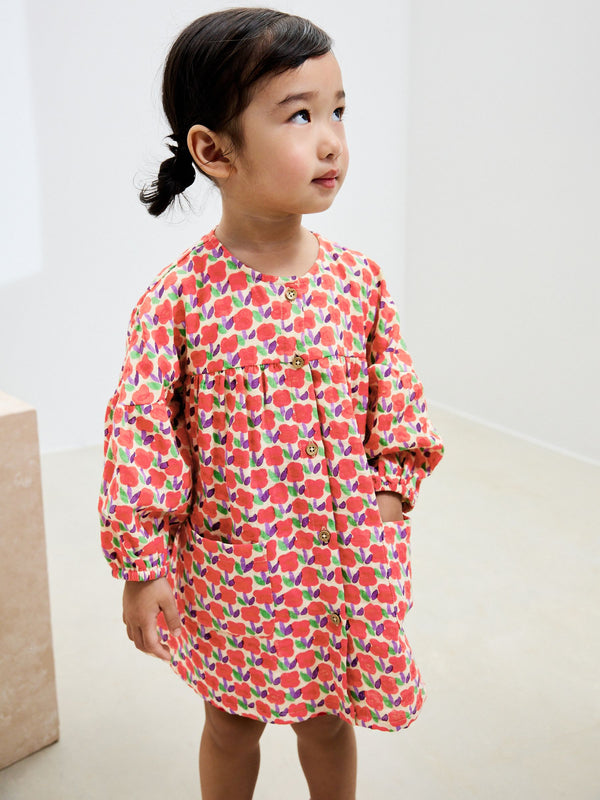 Red Flower Button Up Long Sleeve Dress (3mths-8yrs)