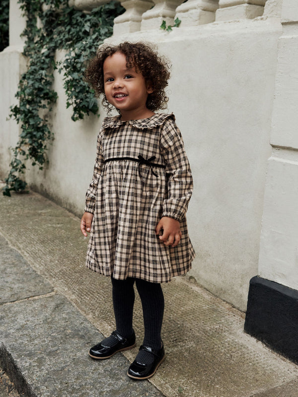 Neutral Check Long Sleeve Collar Dress (3mths-8yrs)