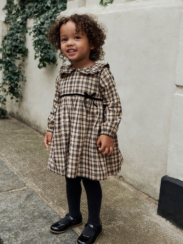 Neutral Check Long Sleeve Collar Dress (3mths-8yrs)