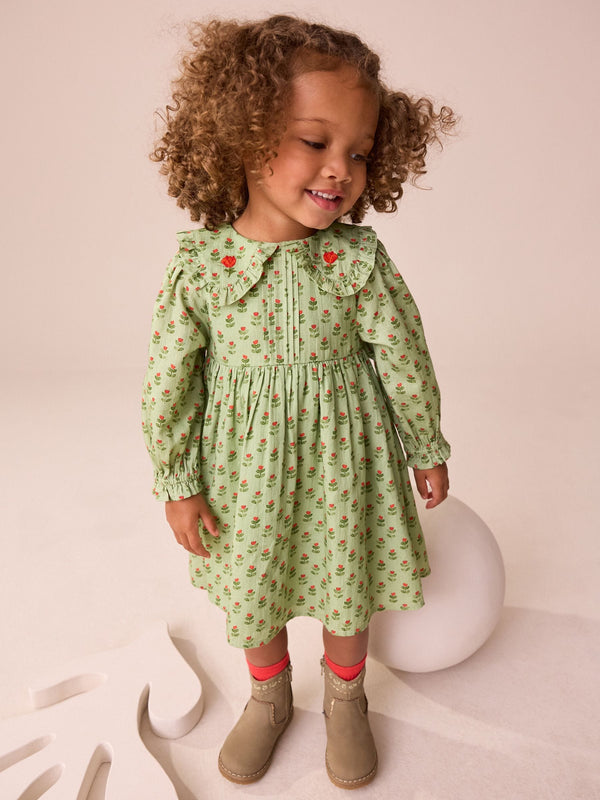 Green Printed Collar Long Sleeve Dress (3mths-8yrs)