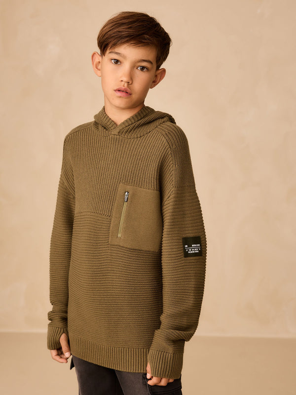 Khaki Green Utility Knitted Hoodie (3-16yrs)