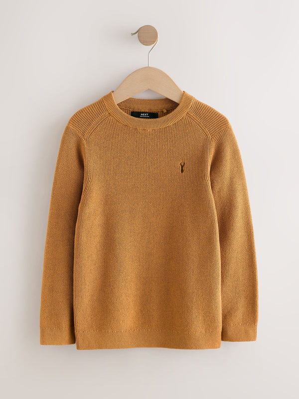 Tan Brown With Stag Cotton Crew Neck Knitted Jumper (3-16yrs)
