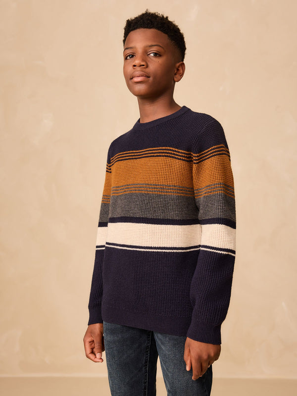 Navy Blue Colourblock Stripe Crew Neck Knitted Jumper (3-16yrs)