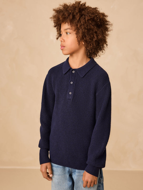 Navy Blue Knitted Button Neck Polo Shirt (3-16yrs)