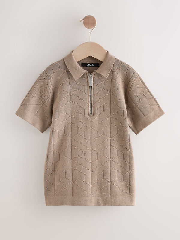 Taupe Brown Knitted Zip Neck Polo Shirt (3-16yrs)