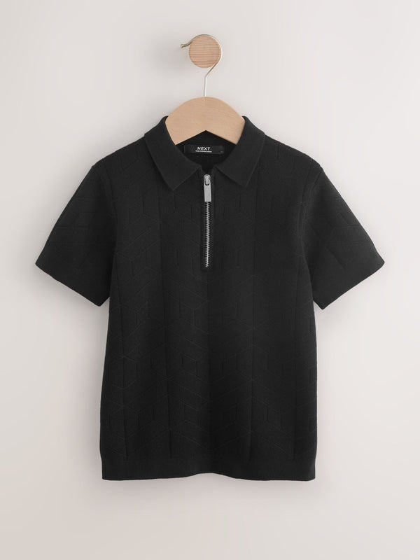 Black Knitted Zip Neck Polo Shirt (3-16yrs)