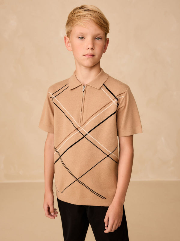 Tan Brown Argyle Knitted Zip Neck Polo Shirt (3-16yrs)