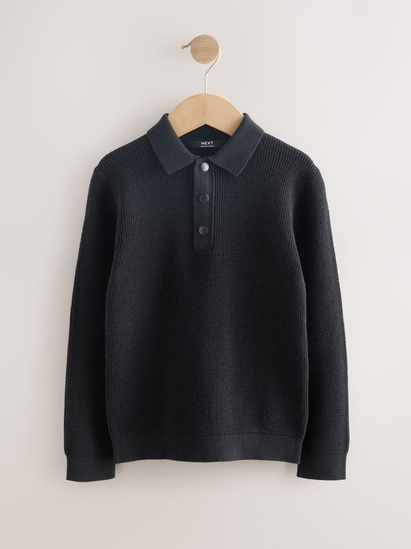 Black Long Sleeve Textured Polo Shirt (3-16yrs)