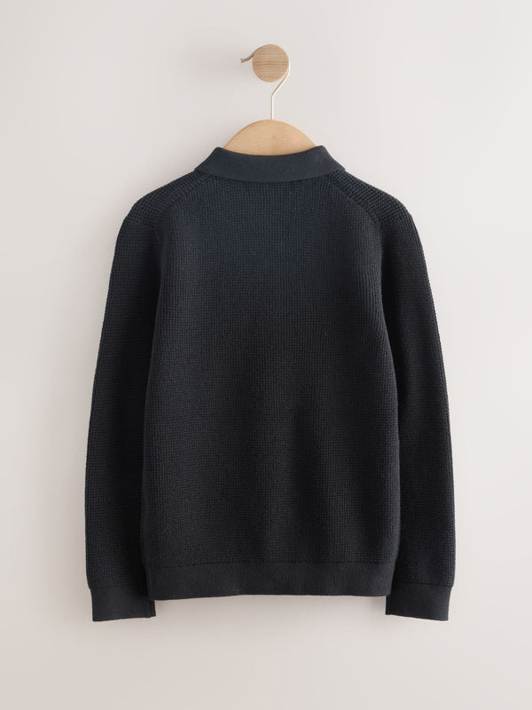Black Long Sleeve Textured Polo Shirt (3-16yrs)