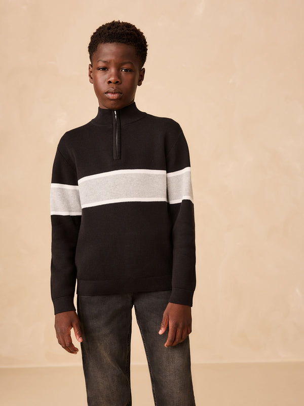 Black Colourblock Zip Neck Knitted Jumper (3-16yrs)