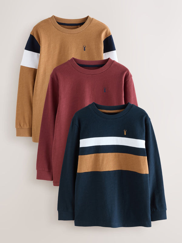 Berry/Tan/Navy Long Sleeve Colourblock T-Shirts 3 Pack (3-16yrs)