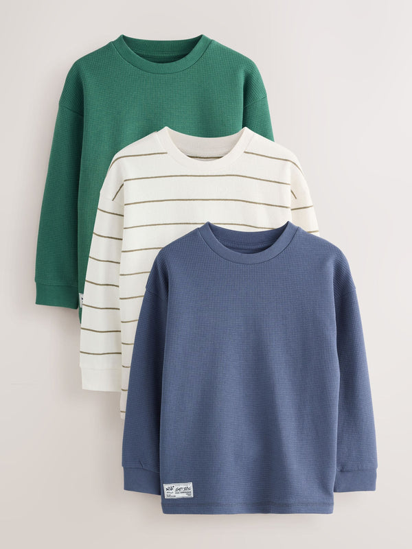 Blue/Green/Stripe Relaxed Fit Long Sleeve Textured T-Shirts 3 Pack (3-16yrs)