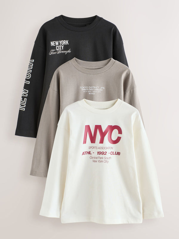 Black/White/Stone Relaxed Fit Graphic Print Long Sleeve T-Shirts 3 Pack (3-16yrs)