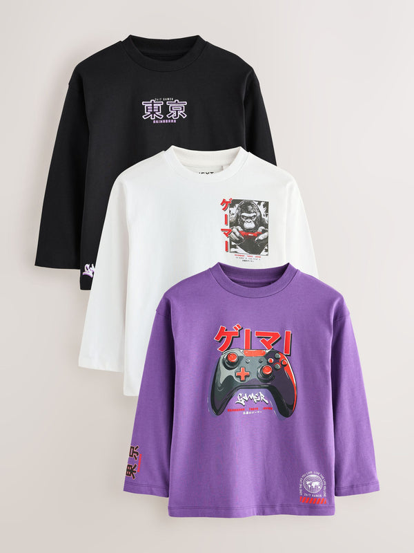 Black/Purple/White Gamer Relaxed Fit Graphic Print Long Sleeve T-Shirts 3 Pack (3-16yrs)