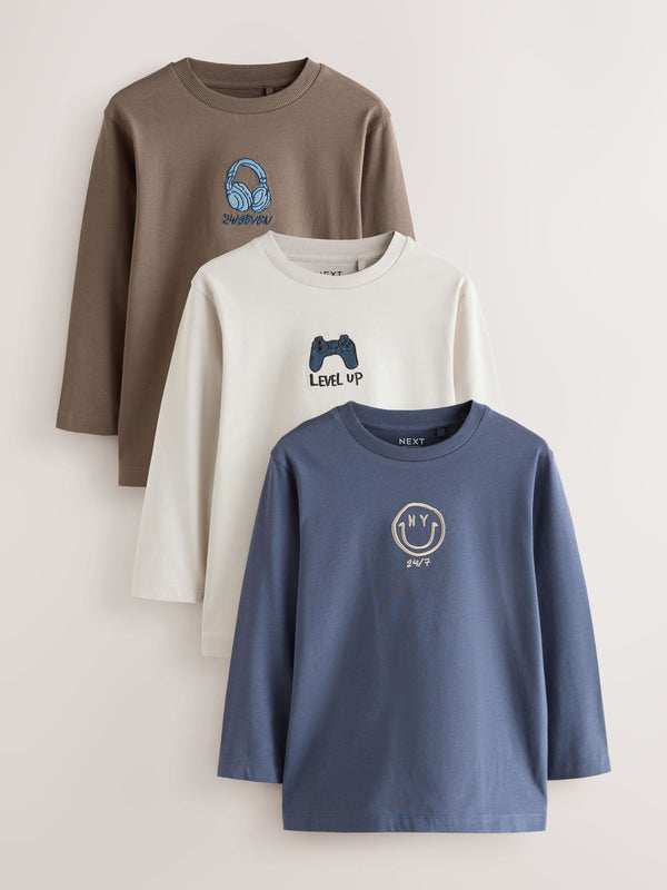 Grey/Blue/Brown Embroidery Graphic Long Sleeve T-Shirts 3 Pack (3-16yrs)