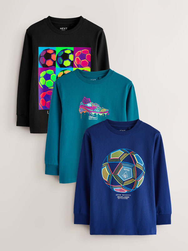Blue/Teal/Black Football Relaxed Fit Graphic Print Long Sleeve T-Shirts 3 Pack (3-16yrs)