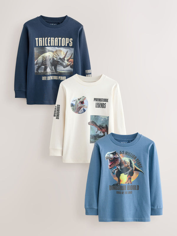 Navy/Blue/Ecru Dino Graphic Long Sleeve T-Shirts 3 Pack (3-16yrs)