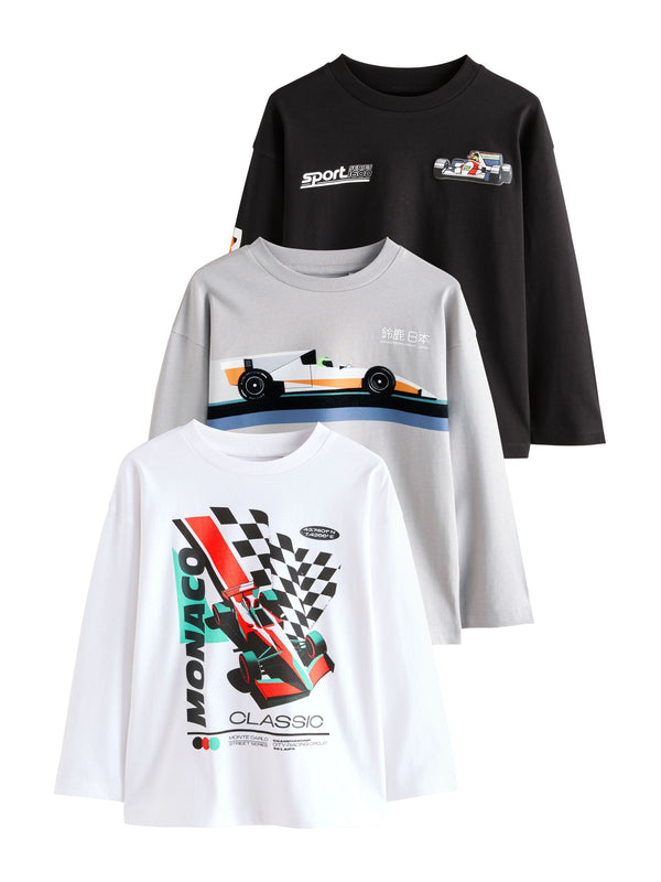 Black/White/Grey Cars Relaxed Fit Graphic Print Long Sleeve T-Shirts 3 Pack (3-16yrs)