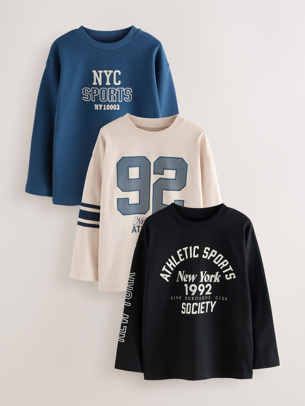 Blue/Black/Stone Varsity Embroidery Relaxed Fit Graphic Print Long Sleeve T-Shirts 3 Pack (3-16yrs)