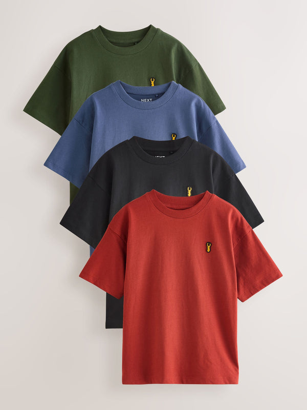 Blue/Rust/Khaki/Black Relaxed Fit Short Sleeve 100% Cotton T-Shirts 4 Pack (3-16yrs)