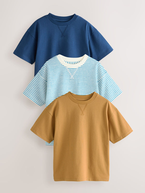 Blue/Tan/Stripe Relaxed Fit Short Sleeve T-Shirts 3 Pack (3-16yrs)