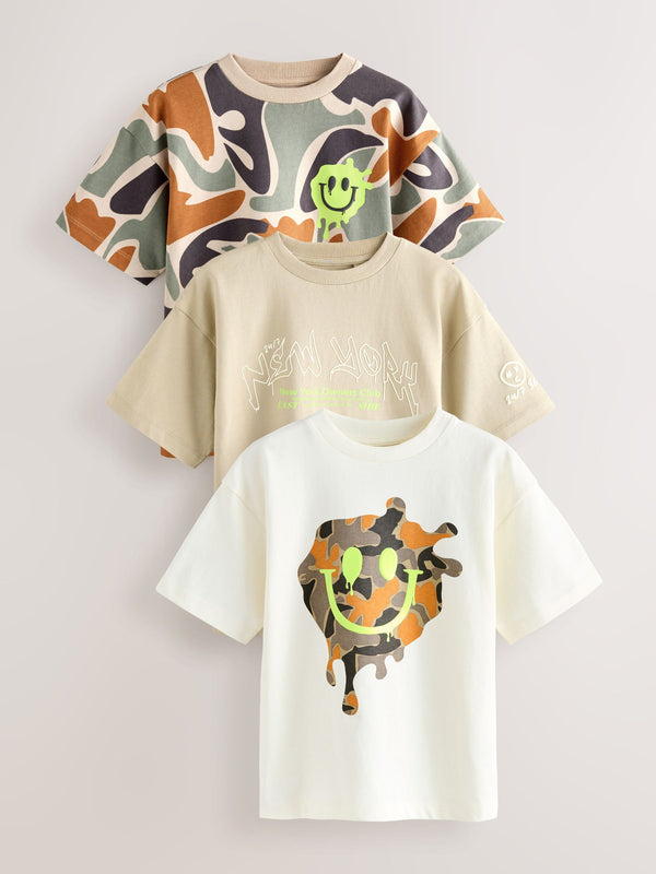 White/Stone/Camo Relaxed Fit Graphic Print Short Sleeve T-Shirts 3 Pack (3-16yrs)