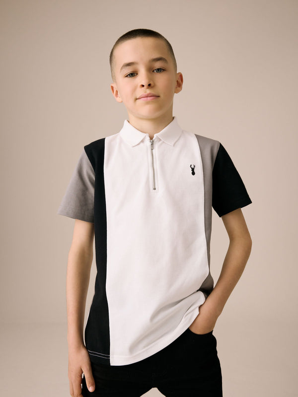 White/Black 100% Cotton Quarter Zip Colourblock Short Sleeve Polo Shirt (3-16yrs)