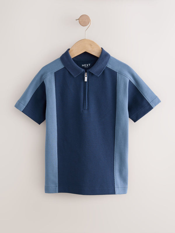Navy Blue Zip Neck Textured Colourblock Polo Shirt (3-16yrs)